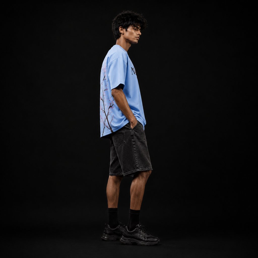 Side profile of NATIQ oversized graphic T-shirt with premium Terry Cotton fabric