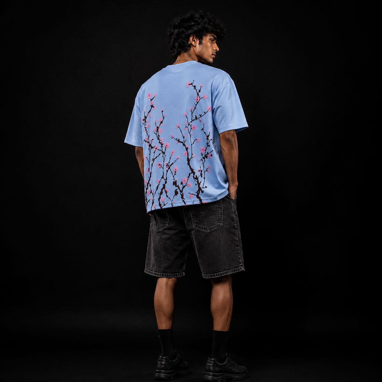 NATIQ Sakura Bloom oversized Terry Cotton graphic T-shirt front view in sky blue