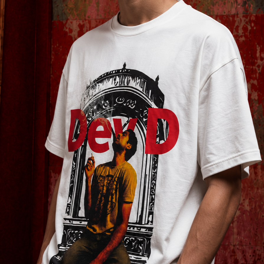 A person wearing a white oversized graphic T-shirt with a large red and black print featuring the text 'DevD' and a stylized figure, photographed against a textured red-brown background.